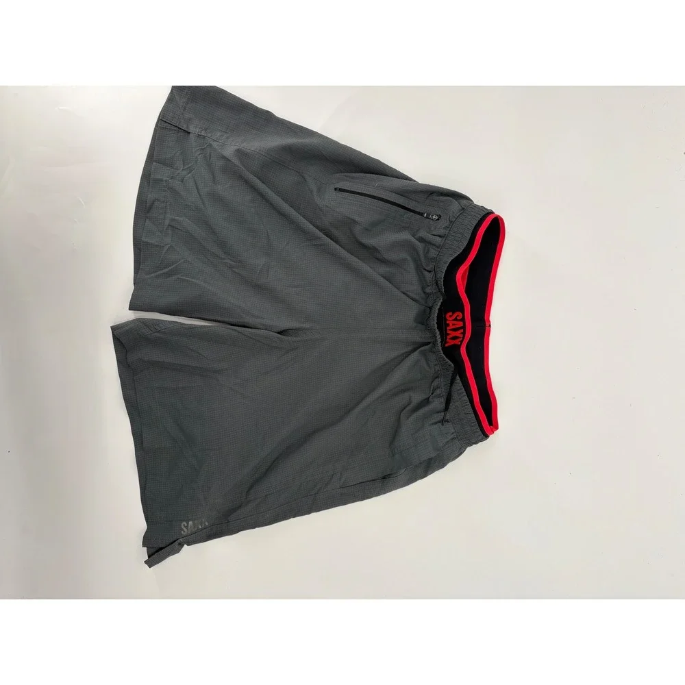 SAXX Kinetic Train 2N1 Shorts Mens Medium Gray Red BallPark Pouch Athletic Gym
